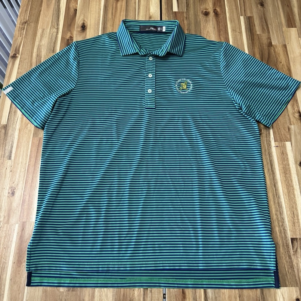 RLX Ralph Lauren US Open Polo Shirt Mens XL Green Blue Striped Performance Golf